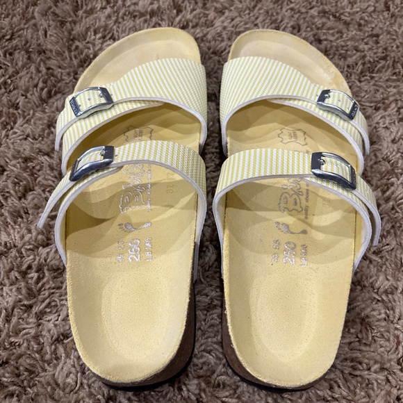 Birki's by Birkenstock Aziza Yellow & White Stripes Double Strap Slides Sandals - Picture 5 of 13